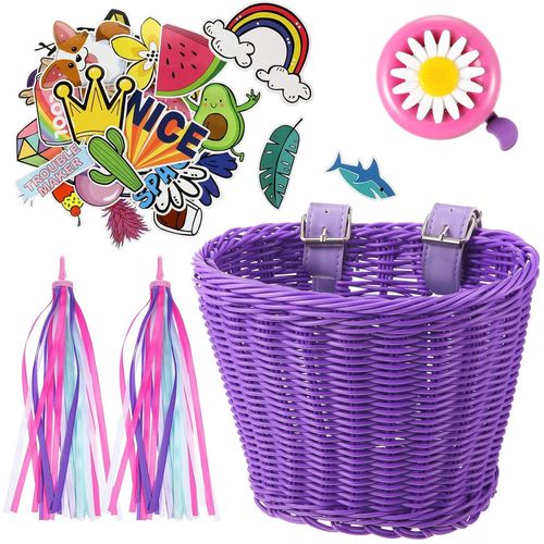 Kit De Banderoles Panier De Vélo Enfants,Guidon De Vélo Enfants Panier En Osier Avec Cloche Et Autocollant Banderoles De Vélo Colorées,Kit De Décoration De Vélo (Violet)