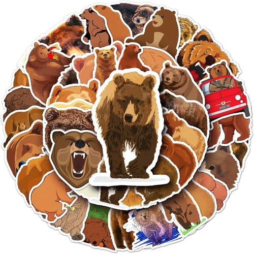 KAL-Lot De 50 Autocollants Ours Marron Pour Bouteilles D'Eau, Ordinateur Portable, Téléphone, Guitare, Skateboard, Valise, Vélo, Ours Grizzly En Vinyle, Imperméables, Esthétiques Pour Adolescents,