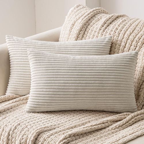 Slep-Lot De 2 Decorative Housse De Coussin En Velours Côtelé Canapé Taie D'oreiller Decoratif Doux Pour Maison Salon Chambre Lit 40x60cm Beige