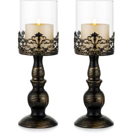 Bougoire Chandelier en Ouragan Noir en Détresse Vintage 2pcs,Socle Polyvalent en Verre de Piédestal Métallique Base pour la Décoration de Fête Mariage Décoration Cheminée 33cm