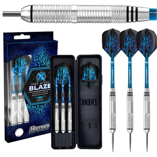 Fléchettes Blaze INOX|Jeu de fléchettes à Pointe en Acier avec étui de Transport|21 g,22 g,23 g et 24 g|Comprend des tiges Supergrip et des ailettes Marathon de 100 microns.[B1439]