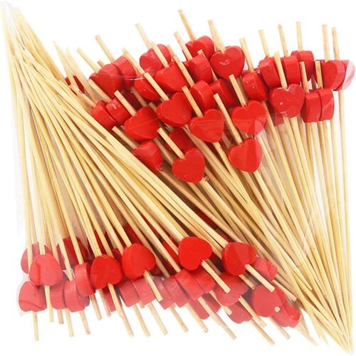 (Rouge) 100 Bâtons De Cocktail, 12cm Coeurs En Bambou Jetables, Cure-Dents En Bois, Brochettes Pour La Décoration Des Aliments, Verres À Cocktail, Carnaval, Fêtes D'anniversaire.