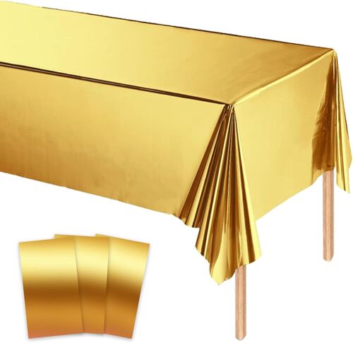 KALANKA-3 pièces Nappe Dorée Anniversaire, 137x274 cm, Nappe Plastique Rectangulaire, Idéale pour Mariage, Anniversaire, Fête, Décoration de Table