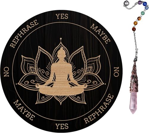 Planche De Pendule De Sorcière, Métaphysique De Divination Radiesthésie Planche En Bois Sculpté Avec Un Cristal Collier Planche À Pendule Ronde Kit Fournitures D'autel, Bouddha Lotus