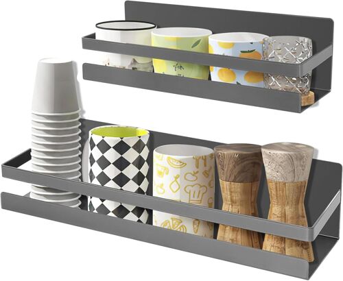 CAUC-Etagère Cuisine Magnétique, 2 Pièces Étagère à Épices Aimantée, Étagère Magnétique Pour Réfrigérateur, Etagere a Epices Murale pour Réfrigérateur et Surfaces Métalliques \u2013 Gris