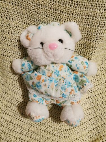 Peluche Souris Chat Blanc Corps Tissu Fleurs Dentelles Robe Vintage