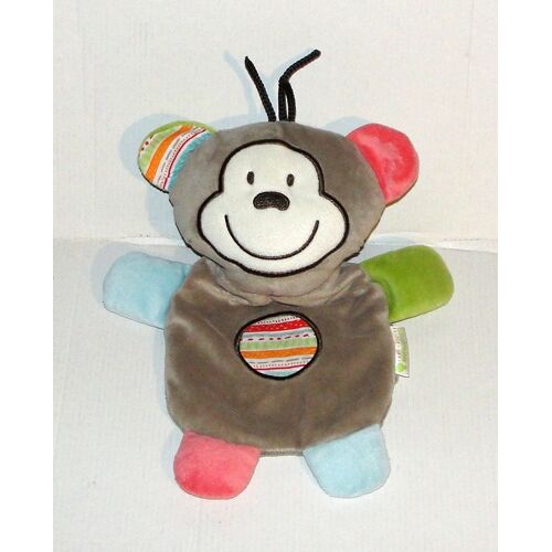 Doudou Singe Marque Verte - Peluche Animal Gris Vert Orange Bleu