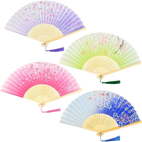 Japonais Eventail Tissu Bois Plié Chinois Eventails Pliants Soie et Bambou avec Frange Style Japonais Mini Éventail Décoration pour Femme Mariage Été Enfant Fille Homme Lot de 4