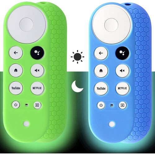 2 x Remote Control Covers (Glow in the Dark) Compatible with 2020 Chromecast with Google TV Voice Remote, Anti Slip Anti-Shock Silicone Protective Case (Green and Blue)