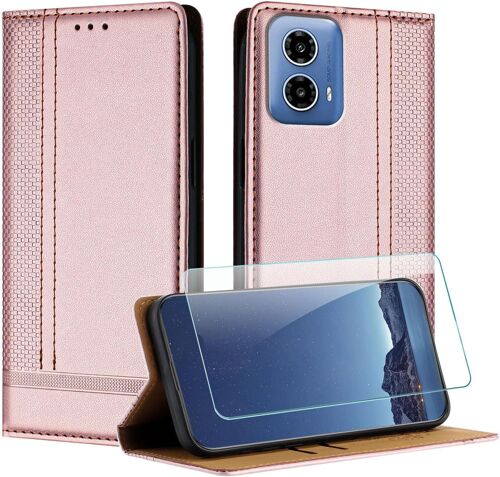 KAL-Coque Pour Motorola Moto G34 + Protecteur D'Écran, Etui À Rabat Pochette De Portefeuille Pour Moto G34 Avec [Fermeture Magnétique][Stand Fonction][Porte Cartes] - Or Rose