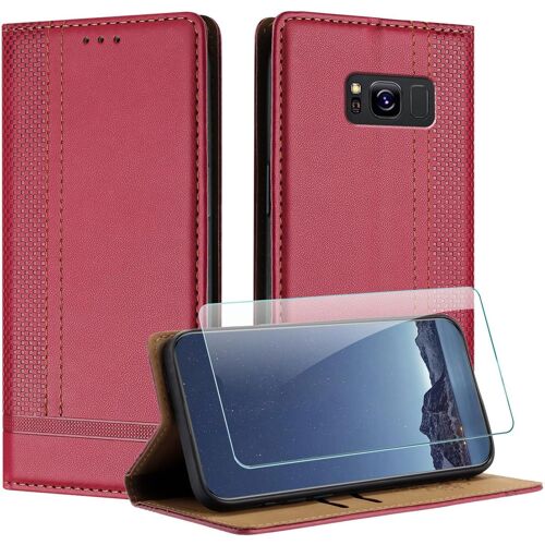 KAL-Coque Pour Samsung Galaxy S8 + Protecteur D'Écran, Etui À Rabat Pochette De Portefeuille Pour Samsung S8 Avec [Fermeture Magnétique][Stand Fonction][Porte Cartes] - Rouge