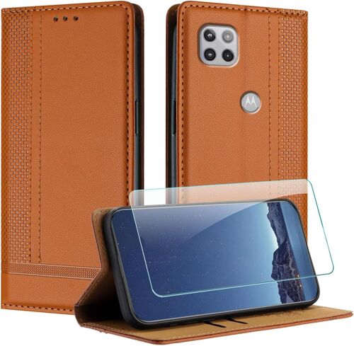 KAL-Coque Pour Motorola Moto G 5G 2020 + Protecteur D'Écran, Etui À Rabat Pochette De Portefeuille Pour Moto One 5G Ace Avec [Fermeture Magnétique][Stand Fonction][Porte Cartes] - Brun
