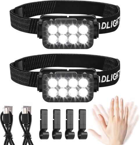 Jexnovashop-Lot De 2 Lampes Frontales Led Rechargeables - Super Lumineuses - 2500 Lumens - 5 Modes D'éclairage - Léger - Ipx6 - Étanche - Capteur Léger - Pour L'extérieur, Le Camping, La Course, La P