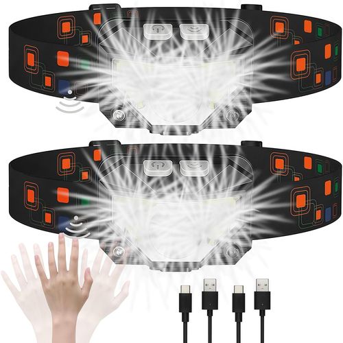 2 Pcs Lampe Frontale Led Ultra Puissante, 1200l Lampe Frontale Rechargeable 6 Modes D'éclairage Avec Capteur Mouvement Ipx4 Étanche, Portable Lampe Frontale Led Pour Course Cyclisme Camping