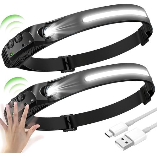 2pcs Led Lampe Frontale 230 Degres, Cob+Xpe 5 Modèles, Frontal À Capteur, Etanches Usb Rechargeables, Pour Course, Cyclisme, Réparation Le Noir