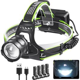 Lampe Frontale Led Rechargeable, Ultra Puissante 90000 Lumens Lampe Torche Led 5 Modes Avec Feu Arrière Rouge, 9000 Mah Rechargeable Usb Lampe Frontale Pour Camping, Pêche, Cyclisme