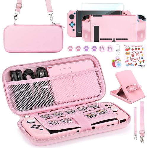 Hljhj-Pack D'accessoires Switch, Kit D'accessoires Rose 17 En 1 Pour Filles Comprenant Un Etui De Transport Pour Switch, Un Support Réglable, Un Etui De Protection Pour Console Switch Et J-Con