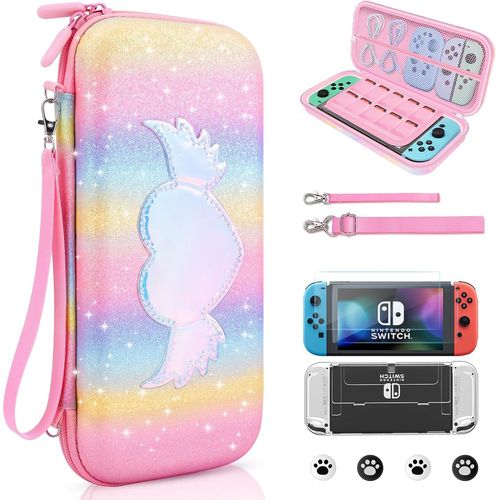 10 en 1 Pochette de Transport Compatible avec Nintendo Switch OLED,Nouveau arc-en-ciel Étui Rigide de Housse avec poignée,Coque Switch pour Accessoire & Console pour Cadeaux Filles¿Rosa)