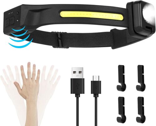 Lampe Frontale Rechargeable, Led Ultra Puissante Éclairage 230° Frontale Rechargeable Usb Capteur De Mouvement, Étanche Ipx4 Poids 0.2lb Léger, Pour Pêche, Camping, Cyclisme, Running