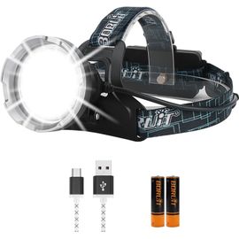 B10 Lampe Frontale Rechargeable Usb-C, 2000 Lm Lampe Torche Led Ultra Puissante Avec Sos-Sifflet, 4 Modes D'eclairage & 90° Réglable, Ipx5 Étanche Lampe De Poche Pour Camping Peche