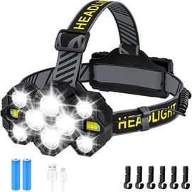 Lampe Frontale 10 Led Haute Puissance, 18 000 Lumens, Rechargeable Avec Lumière Rouge, 10 Modes, Crochets Pour Casque, Lumière Frontale Ipx5 Étanche Pour Courir, Camping, Pêche
