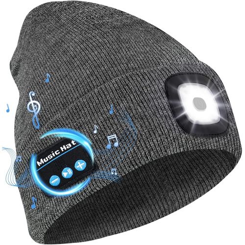 Bonnet Bluetooth Avec Led Lampe, Bonnet Musique Bluetooth V5.0 Avec Écouteurs Sans Fil Usb Rechargeable Bonnet Tricoté D'hiver Chaud Chapeau Lumiere Frontale, Cadeau De Noël Pour Homme Femme