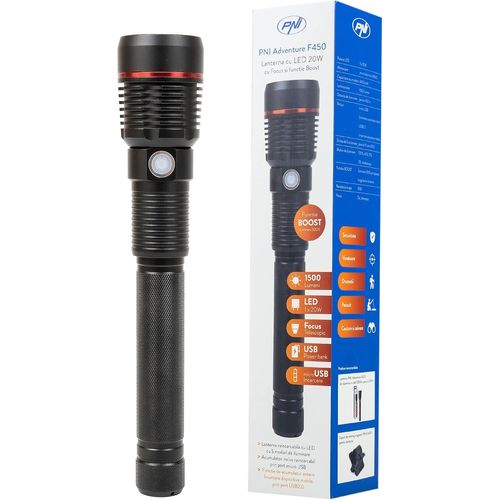 Torche Adventure F450 En Aluminium Avec Fonction Focus Et Boost, Led 20 W, 1500 Lm Jusqu'à 450 M, Powerbank Avec Sortie Usb, Chargement Micro Usb, Batterie 4400 Mah Incluse