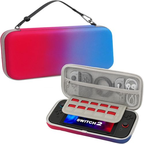 Kal-Étui Pour Nintendo Switch 2. Housse Pochette De Transport Rigide Avec Dégradé De Couleurs Et Rangements Pour Cartouches De Jeux Et Accessoires. (Rouge / Bleu)
