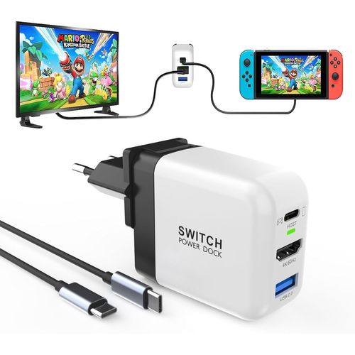 Hljhj-Station D'accueil 65 W Pour Nintendo Switch Oled/Steam Deck, Mini Bloc D'alimentation Gan Avec 3 Ports (Usb C+Usb A+4k/Hd), Station D'accueil Portable Compatible Avec Switch/Steam Deck/Rog Alle