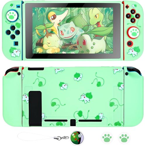 Coque Compatible avec la Switch,Coque Mince au Toucher Doux avec 2 Capuchons de Poignée de Pouce et Breloque Elf Balls,Absorption des Chocs et Anti-Rayures,Grenouille Verte
