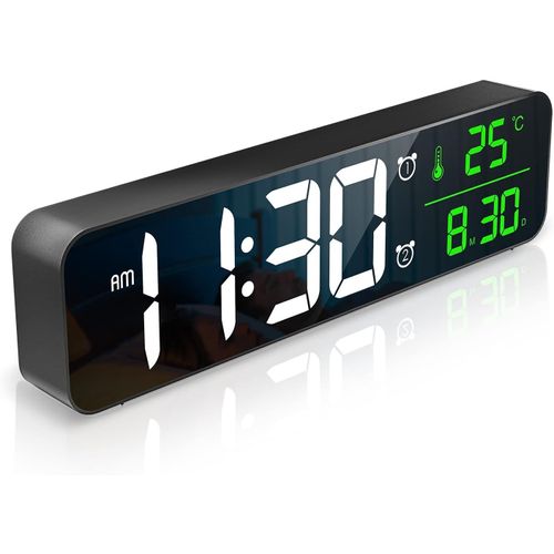 Réveil Numérique, Horloge de Chevet LED [Grand Ecran LED 10""], Horloges de Bureau Electriques Miroir avec Date, Heure, Affichage de Température, Répétition, 6 Luminosités, 4 Volumes - Blanc
