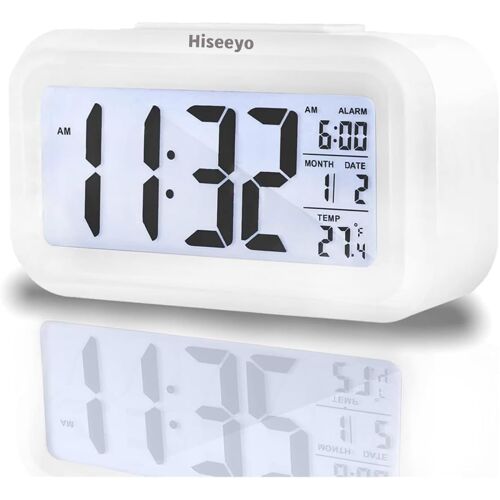 Réveil numérique amélioré, affichage LED de 4,3"" avec température plus grand lound Light Control Portable Snooze Calendrier Luminosité avec Réveil à piles Table de chevet (blanc)