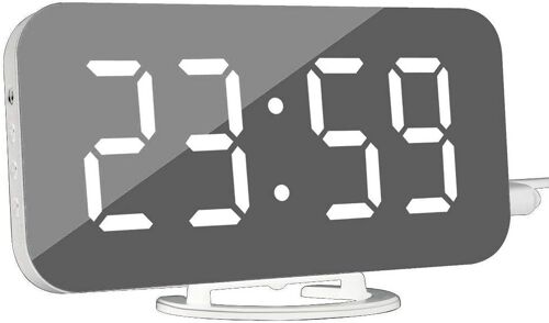 Réveil numérique - Réveil moderne avec port USB - Horloge miroir numérique - Horloge décorative pour le mur, la table, le bureau - Police blanche