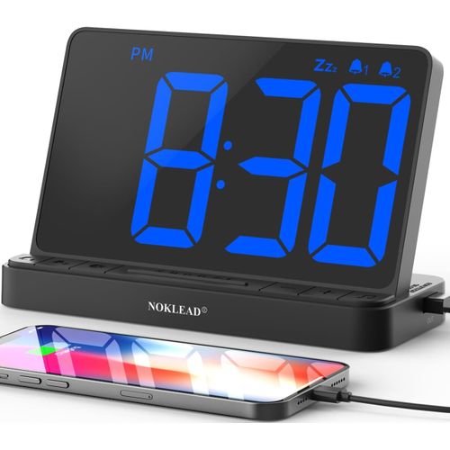 NOKLEAD Numérique Réveil - Horloge Digitale de Chevet avec 5 Sons, variateur Complet, Volume d'alarme réglable, Horloge numérique avec d'adaptateur USB, Grand Chiffre LED de 6,5 po, Snooze et 12/24hr