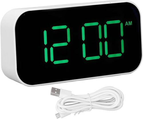Réveil Numérique USB, Réveil De Bureau à Grand Affichage, Boîtier Blanc, Chiffres Verts, Horloge électronique pour La Chambre à Coucher Et Le Bureau