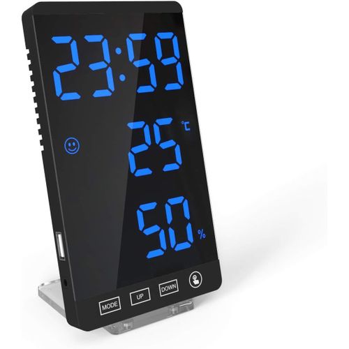 Smart Mirror Horloge Led Chargeur De Téléphone Décoratif Réveil Horloge Numérique À 4 Niveaux De Luminosité Avec Affichage De La Température Météorologique - Coque Noire Et Numérique Bleue