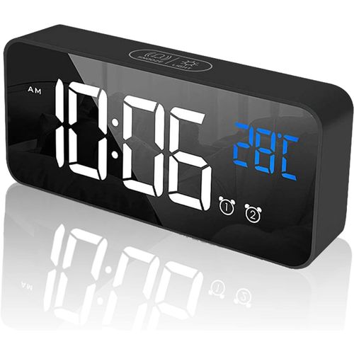 TIANYI-Réveil Numérique, LED Réveil Électronique Miroir Réveil Horloge de Bureau avec 2 Alarmes/Snooze/Température/Fonction de Contrôle Son, Rechargeable par USB, 4 Luminosité Réglable, Noir