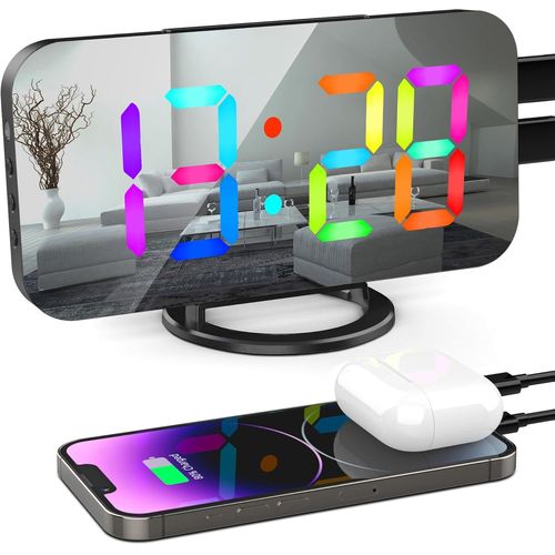SEPT-Réveil Numérique avec 11 RGB Couleurs LED Affichage, Grand Miroir Écran Horloge Numérique avec Luminosité Réglable, 2 Ports de Charge USB, Snooze, 12/24H, Facile à Lire Réveil Matin, Noir