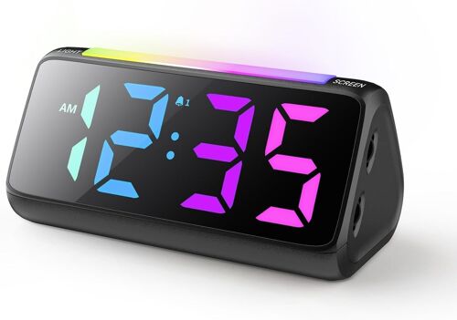 Réveil numérique pour chambre à coucher, réveil de chevet avec veilleuse RVB, heure arc-en-ciel, grand écran, double alarme, répétition, réveil de bureau LED à intensité variable pour enfants et