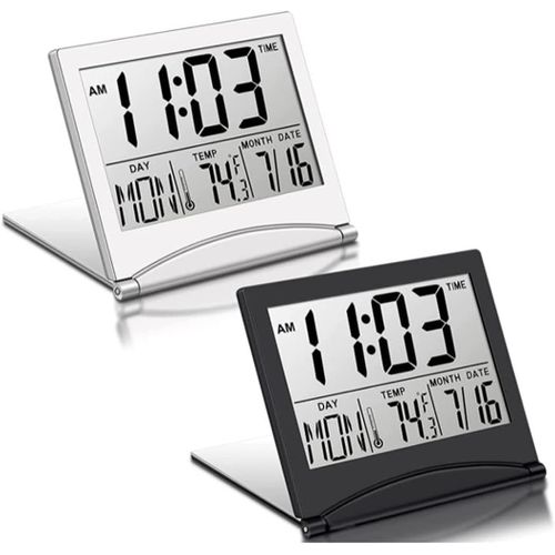 2 PièCes RéVeil de Voyage NuméRique Horloge LCD Pliable avec Calendrier TempéRature Mode Snooze Affichage Portable Horloge de Bureau