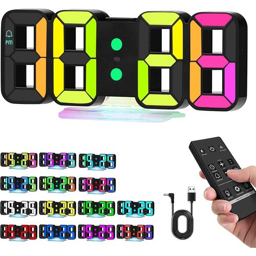 Horloge Murale Numérique, Digitale Réveil Lumineux Led, Réveil Numérique À Led 3D, Horloge Numérique Avec 14 Couleurs Rgb Et 4 Niveaux, 12/24 Heures Avec Télécommande