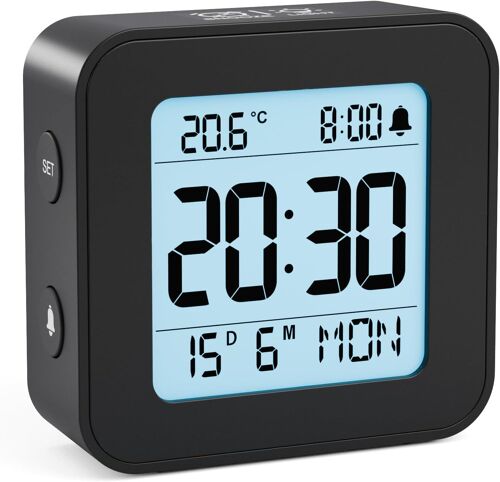 Réveil, Réveil Numérique à Piles avec Température et Calendrier, Alarme, Snooze, Rétroéclairage pour Voyage, Chambre, Bureau(Piles incluses)