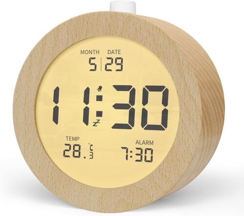 Réveil Numérique en Bois, Réveil Matin LCD Horloge Numérique avec Affichage Date, Température, Snooze, Rétro-éclairage, Horloge Digitale Alimenté par Pile¿3 Piles AAA Nécessaires¿