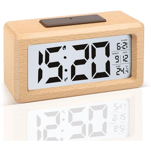 CMJAAGUR-Reveil Numerique, Réveil Numérique En Bois Lcd Horloge Digitale Sans Tic-Tac Avec Affichage Date Température Réveil À Piles Avec Fonction Snooze Pour Maison Chambre (3 Piles Aaa Non[M36]