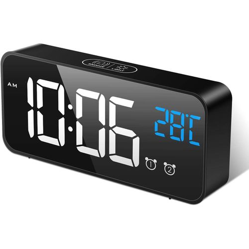 ERYI-Réveil Numérique, Horloge Digitale Réveil Matin Miroir Led Grand Ecran Aver Température/Snooze/ 2 Alarme, Luminosité Et Son Réglable, Activation Sonore, Usb Charge Clock Pour Maison Bureau,Noir