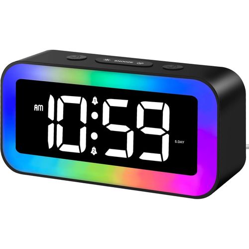 Réveil Numérique, Reveil Enfant Lumineux Avec Veilleuse 7 Couleurs, Led Horloge Digitale, Ado Reveil Matin, Avec 2 Modes D'Alarme, Luminosité Réglable, Snooze, Commande Vocale, 12/24H, Port Usb