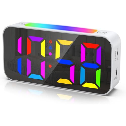 Réveil numérique RVB coloré 8 couleurs pour sans tic-tac - Petite horloge - Volume et luminosité réglables - Fonction snooze - Alimentation de type C 12/24 heures