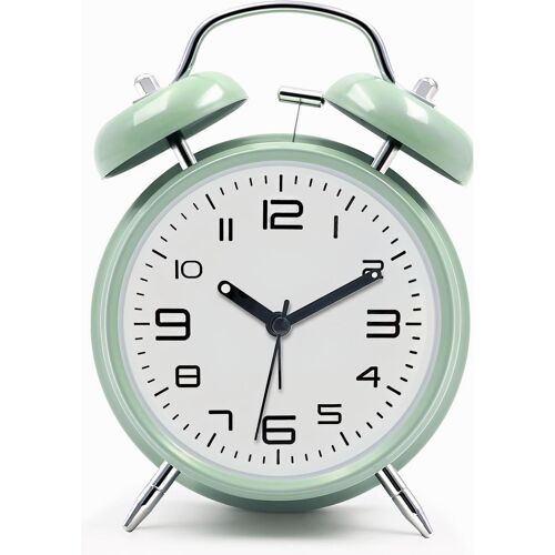 Réveil fort pour adultes dormeurs lourds, en métal de 10,2 cm, double cloche à piles, pour décoration de chambre, silencieux, sans tic-tac (argenté)