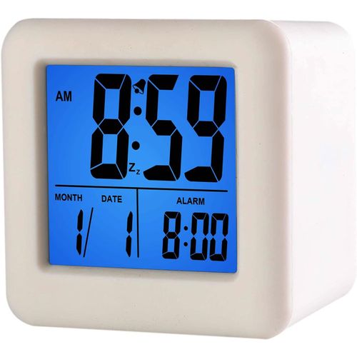 Plumeet Facile à Régler Réveil de Voyage Numérique Fonction Snooze, Veilleuse Doux, Large écran Afficheur Temps et Mois et Date et Alarme, Alarme Sonore Progressive et Taille Maniable (Blanc)
