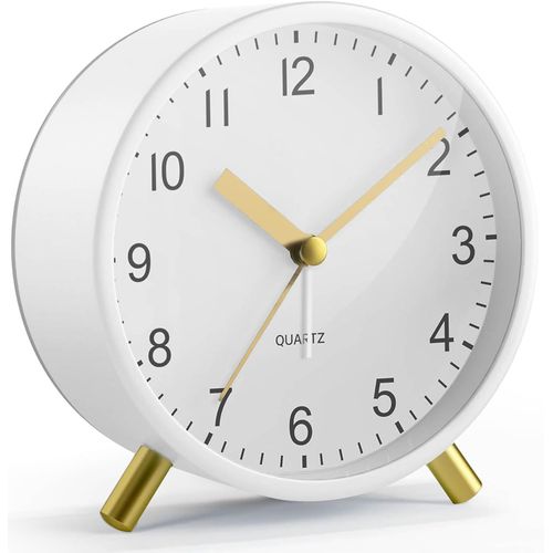 KAL-Réveil Analogique Silencieux Sans Tic-Tac, Horloge De Chevet Classique En Métal Avec Veilleuse Et Grand Écran, Réveil À Piles Pour Chambre À Coucher, Enfants, Personnes Âgées (Blanc)